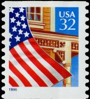 Scott 3133<br />32c Flag over Porch - Blue 1996<br />Coil Single; Linerless; Untagged<br /><span class=quot;smallerquot;>(reference or stock image)</span>
