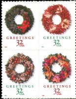 Scott 3252b<br />32c Greetings - Wreathes<br />Pane Block of 4 #3249-3252 (4 designs)<br /><span class=quot;smallerquot;>(reference or stock image)</span>