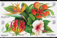 Scott 3310-3313<br />33c Tropical Flowers<br />Double-Sided Booklet Block of 4 #3313a (4 designs)<br /><span class=quot;smallerquot;>(reference or stock image)</span>