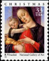 Scott 3355<br />33c Madonna and Child by Vivarini (DSB)<br />Double-Sided Booklet Pane Single<br /><span class=quot;smallerquot;>(reference or stock image)</span>