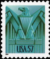 Scott 3471A<br />57c Art Deco Eagle - 2001 Date - Blue-green<br />Pane Single<br /><span class=quot;smallerquot;>(reference or stock image)</span>