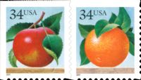 Scott 3493-3494<br />34c Apple and Orange<br />Booklet Pair #3494a (2 designs)<br /><span class=quot;smallerquot;>(reference or stock image)</span>
