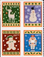 Scott 4425-4428<br />44c Winter Holidays (DSB)<br />Double-Sided Booklet Block of 4 #4428a (4 designs)<br /><span class=quot;smallerquot;>(reference or stock image)</span>