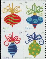 Scott 4571-4574; 4574a<br />Forever Holiday Baubles (DSB)<br />Microprint Collar of Ornament; Double-Sided Booklet Block of 4 #4571-4574 (4 designs)<br /><span class=quot;smallerquot;>(reference or stock image)</span>