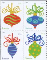 Scott 4575-4578; 4578a<br />Forever Holiday Baubles (DSB)<br />Microprint Not on Collar of Ornament; Double-Sided Block of 4 #4575-4578 (4 designs)<br /><span class=quot;smallerquot;>(reference or stock image)</span>