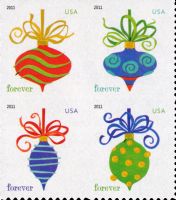 Scott 4579-4582; 4582a<br />Forever Holiday Baubles (ATM)<br />Microprint Not on Collar of Ornament; Automated Teller Machine Block of 4 #4579-4582 (4 designs)<br /><span class=quot;smallerquot;>(reference or stock image)</span>