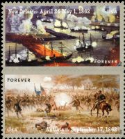 Scott 4664-4665; 4665a<br />Forever Civil War Sesquicentennial: 1862 - Battles of New Orleans & Antietam (Sharpsburg)<br />Double-Sided Pane Vertical Pair #4664-4665 (2 designs)<br /><span class=quot;smallerquot;>(reference or stock image)</span>