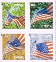 Scott 4782-4785<br />Forever A Flag for All Seasons - 2013 Date - microprint Top of Pole / Lower left Corner Near Rope<br />Double-Sided Booklet Block of 4; Solid Tag #4785c (4 designs)<br /><span class=quot;smallerquot;>(reference or stock image)</span>