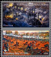Scott 4787-4788; 4788a<br />Forever Civil War Sesquicentennial: 1863 - Battles of Vicksburg and Gettysburg<br />Double-Sided Vertical Pane Pair #4787-4788 (2 designs)<br /><span class=quot;smallerquot;>(reference or stock image)</span>