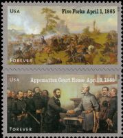 Scott 4980-4981; 4981a<br />Forever Civil War Sesquicentennial: 1865 - Battle of Five Forks and Surrender at at Appomattox Court House<br />Double-Sided Pane Vertical Pane Pair #4980-4981 (2 designs)<br /><span class=quot;smallerquot;>(reference or stock image)</span>