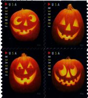 Scott 5137-5140<br />Forever Jack-O'-Lanterns<br />Double-Sided Booklet Block of 4 #5140a (4 designs)<br /><span class=quot;smallerquot;>(reference or stock image)</span>