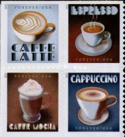Scott 5569-5572; 5572a<br />Forever Espresso Drinks (DSB)<br />Double-Sided Booklet Block of 4 #5569-5572 (4 designs)<br /><span class=quot;smallerquot;>(reference or stock image)</span>