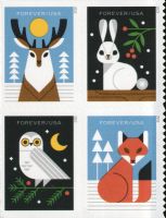 Scott 5822-5825; 5825a<br />Forever Winter Woodland Animals - 10 Oct<br />Double-Sided Booklet Block of 4 #5822-5825 (4 designs)<br /><span class=quot;smallerquot;>(reference or stock image)</span>